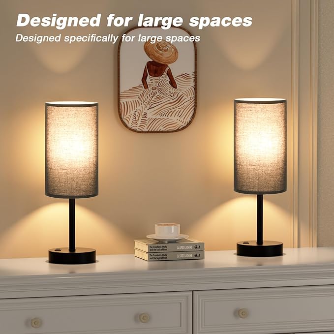 Fenmzee Touch Nightstand Lamp - Black, 3-Way Dimmable, USB A + C Charging, AC Outlet, 17.4inch Medium - Bloomnest
