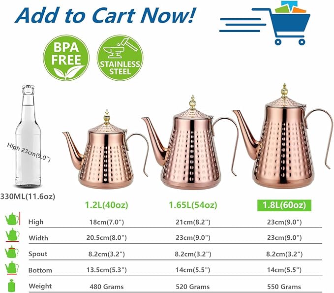SANQIAHOME 1.8L(60oz) Stainless Steel Hammer Patterned Teapot With Removeable Infuser,Loose leaf cover,Copper - Bloomnest