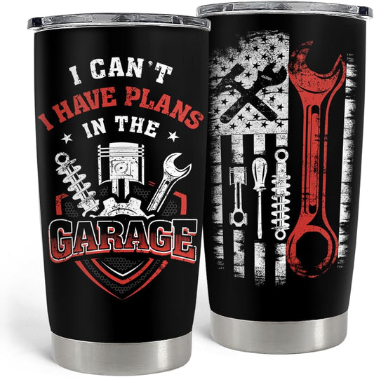 SANDJEST I Can’t I Have Plans In The Garage Tumbler for Mechanic 20oz 30oz Stainless Steel Insulated Coffee Cup Travel Mug Gifts for Dad Husband Boyfriend Father's Day Birthday Christmas