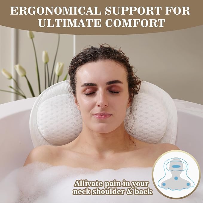 Bath Pillow Luxury Bathtub Pillow, Extra Soft & Comfortable Bath Pillows for Tub Head Neck and Back Support, with 4D Air Mesh Cushions & Non-Slip Suction Cups - Bath Accessories Spa Gifts for Women