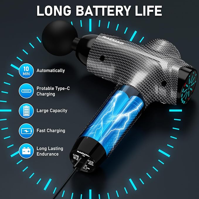 RAEMAO Massage Gun, Handheld Electric Deep Tissue Muscle Massager for Athletes for Pain Relief Attaching 8 Replacement Heads, Percussion Massager with 10 Speeds, Father's Day Gifts, Carbon - Bloomnest