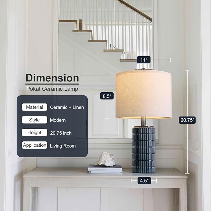 PoKat 20.75" Small Blue Table Lamps, Farmhouse Bedside Lamps for Bedroom Set of 2, Ceramic End Table Lamps for Night Stands Living Room, Modern Nightstand Desk Lamps, Dark Blue - Bloomnest