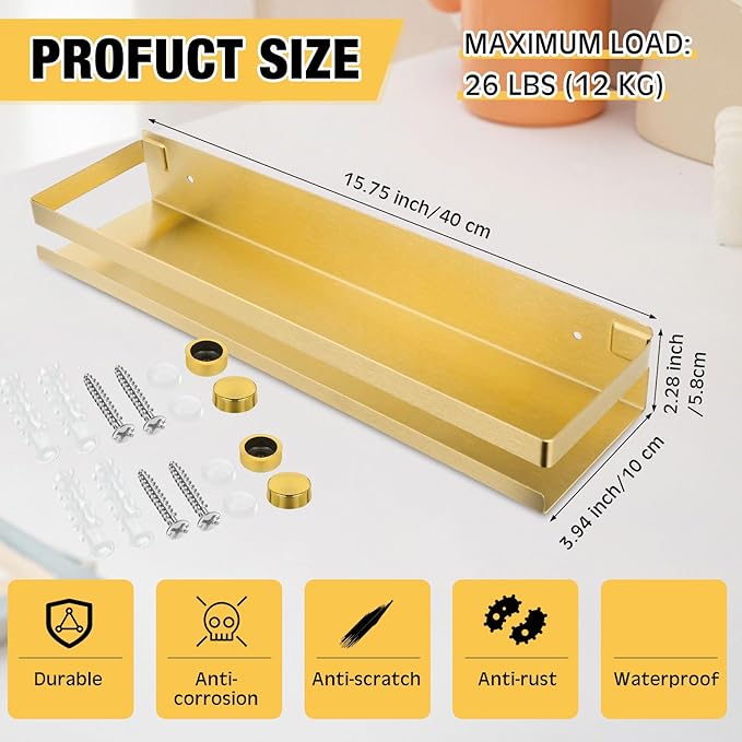 Lallisa 2 Pieces Stainless Steel Shelf Bathroom Shower Floating Shelves Wall Mounted Shower Caddy Basket Shelf Storage Organizer Shelves for Bathroom, Kitchen, Living Room (15.75 Inch/ 40 cm,Gold) - Bloomnest