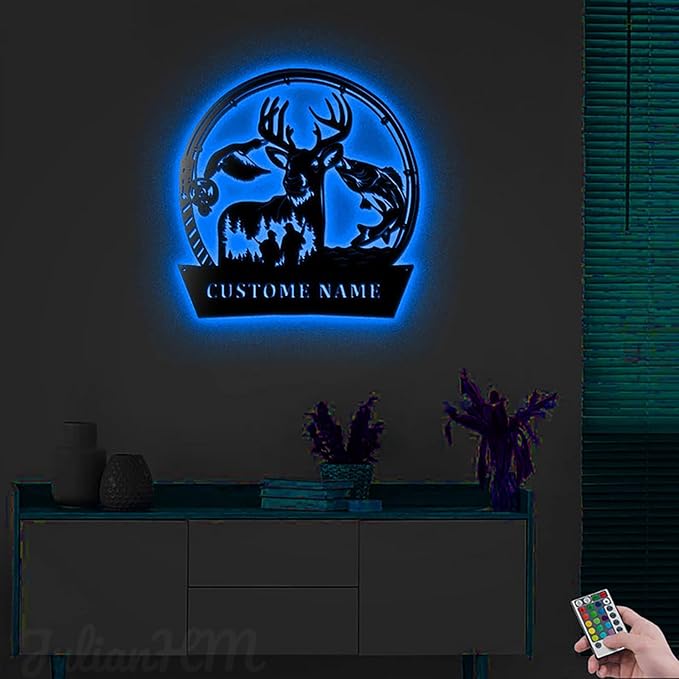 Lovely POD Personalized Hunting Art, Custom Father and Son Fishing and Hunting Metal Wall Decor with Led Lights, Personalized Fisherman Name Sign, Hunter Gift Home Decor - Bloomnest