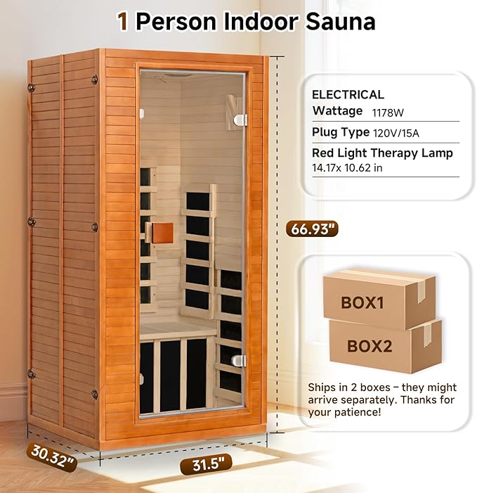 springspa Infrared Sauna for Home, 1 Person Home Sauna with Red Light Therapy, Canadian Hemlock Wooden Dry Saunas Room with Bluetooth Speakers, 1178 W/120V, 15 Minutes Pre-Warm up springspa