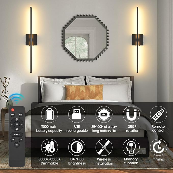 Battery Operated Wall Sconces with Remote Control, 11000mAh LED Wireless Rechargeable Black Wall Lights, 350°Rotate Dimmable Wall Lamp, 3 Color Temperatures, for Bedroom, Living Room, Hallway, 2 PCS - Bloomnest