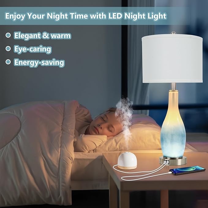 BesLowe 26in Tall Glass Table Lamps Set of 2 with 2 USB Charging Ports & LED Nightlight, Large Coastal Table Lamps for Living Room End Table, Modern Beach Lamps for Bedroom Bedside Nightstand, Blue - Bloomnest