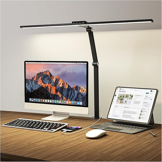 LED Desk Lamp for Home Office, 24W Eye-Caring Reading Light with Clamp, USB Charging Port, 7 Brightness 5 Color Mode, Memory Function, Auto-Off Timer, Swing Arm Architect Table Lamp for Study - Bloomnest