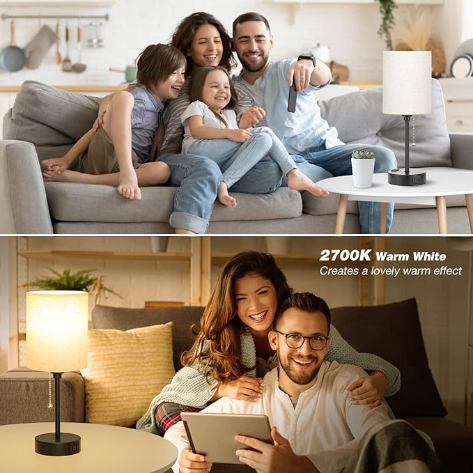 Small Bedside Lamps 3 Color Modes - Off White 3000K 4000K 5000K Bedroom Lamps with USB C and A Ports, Pull Chain Table Lamps with AC Outlet, Nightstand Lamps with Black Metal Base for Kids Reading - Bloomnest