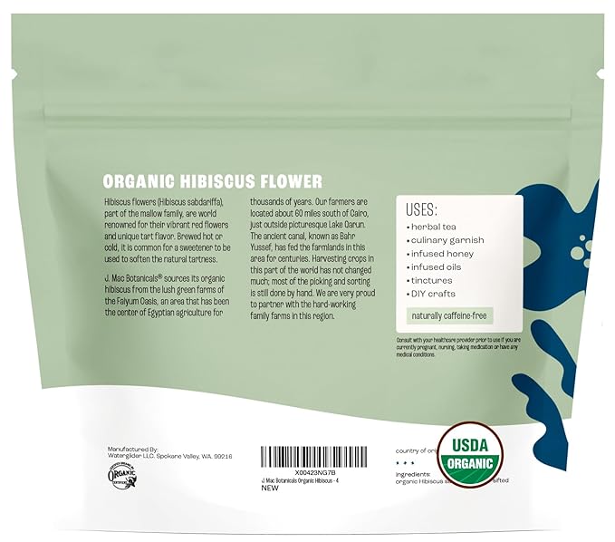 J Mac Botanicals, Organic Hibiscus Flower (4 ounce), Hibiscus tea, cut & sifted flowers, dried from Egypt, herbal tea leaves, Flor de Jamaica, edible - Bloomnest