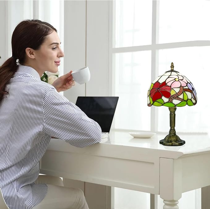 8 Inch Tiffany Lamp, Small Stained Glass Lamp for Bedside, Living Room, Red Rose - Bloomnest