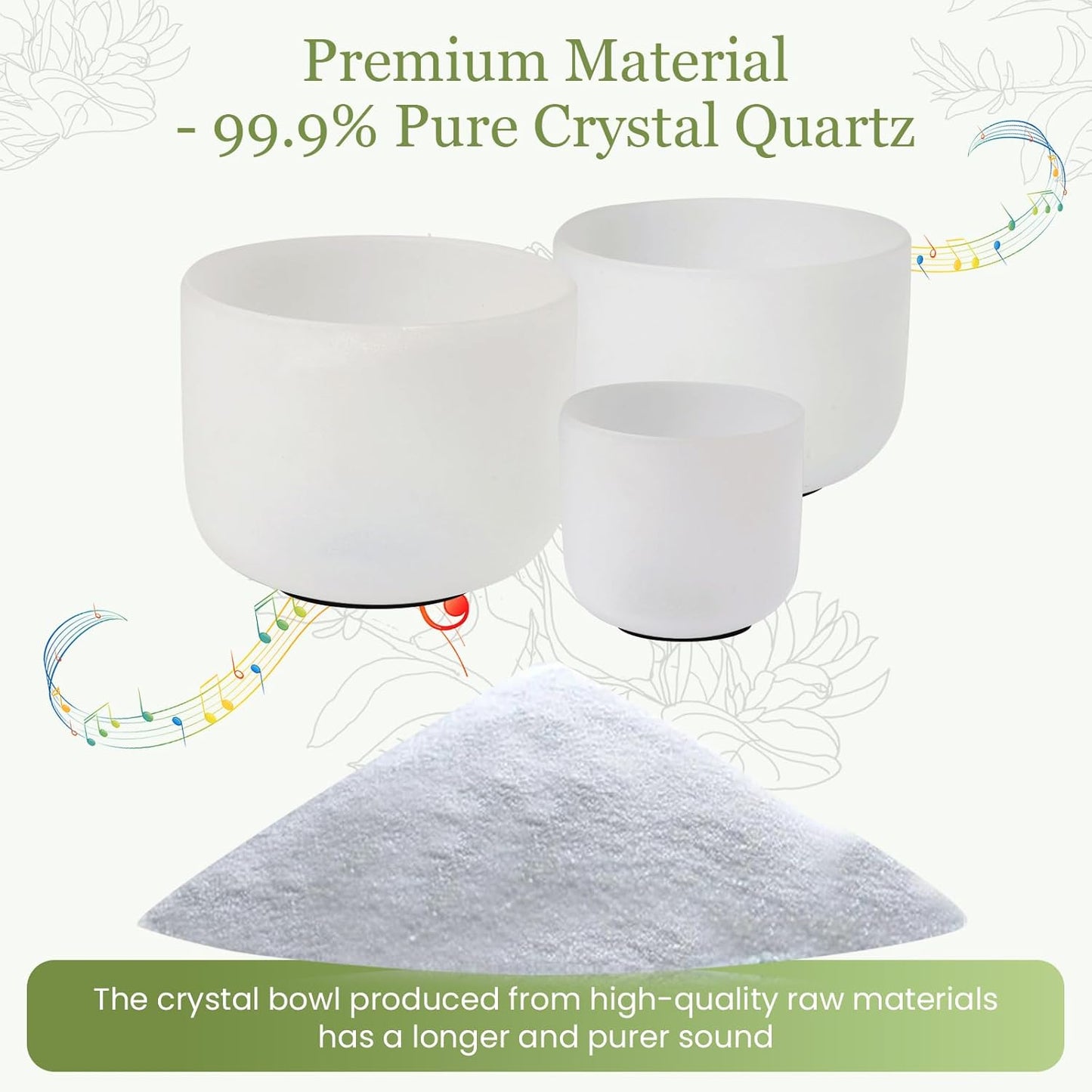 432HZ 7-11 Inch 3 Pcs White Frosted Crystal Singing Bowl Set for Meditation Healing Yoga Chakra Quartz Crystal Sound Bowls with Heavy Duty Carry Cases and Rubber Mallet,Suede Striker,O-rings