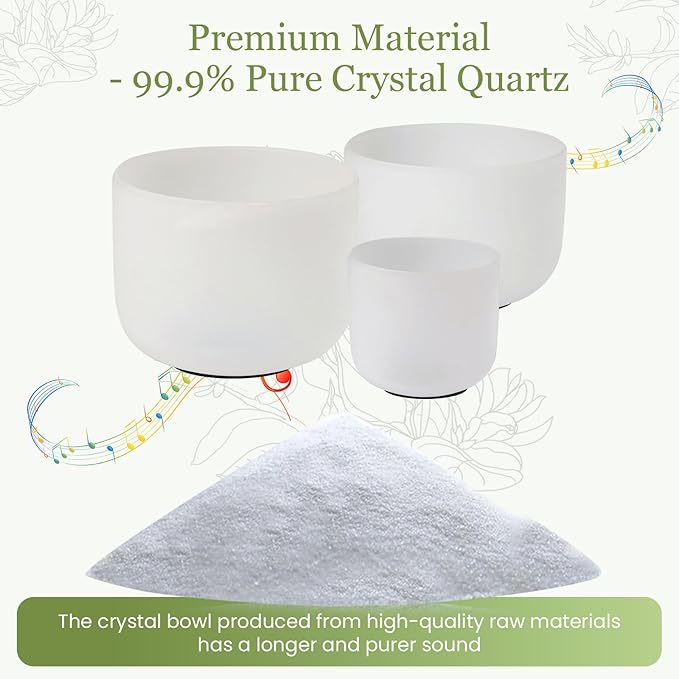 432HZ 7-11 Inch 3 Pcs White Frosted Crystal Singing Bowl Set for Meditation Healing Yoga Chakra Quartz Crystal Sound Bowls with Heavy Duty Carry Cases and Rubber Mallet,Suede Striker,O-rings - Bloomnest