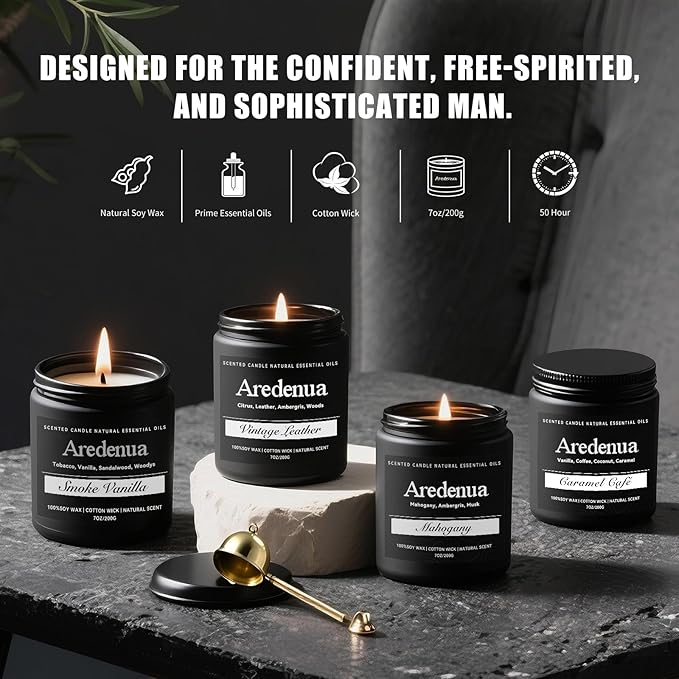 Scented Candles Set | Men Candle Set, Scented Candles for Home, Aromatherapy Gifts for Men - 4 Pack Manly Soy Candle Gifts, Scents of Leather/Smoke & Vanilla/Mahogany/Caramel Coffee - Bloomnest