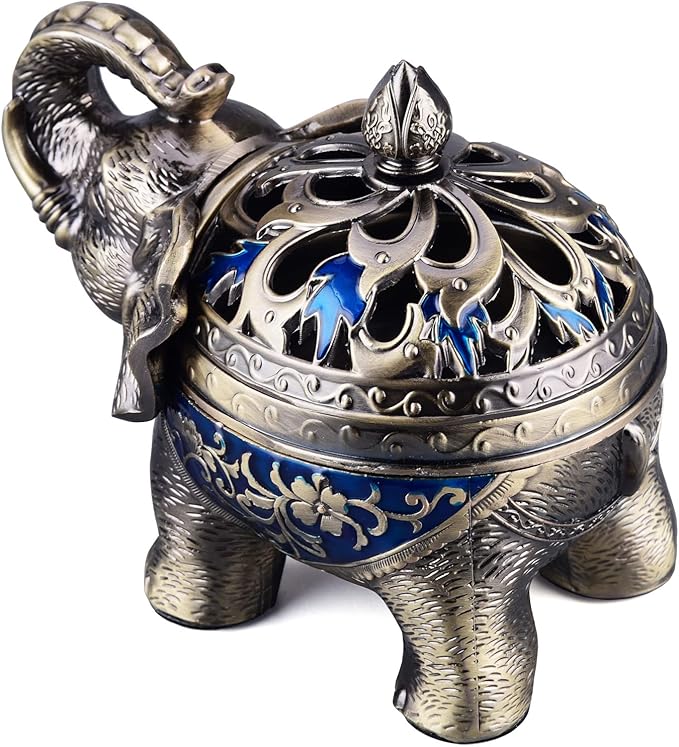 K COOL Metal Backflow Incense Holder Elephant Cone Incense Burner Candle Holder with Lid, Aromatherapy Ornament Home Office Decoration for Indoor Outdoor (Navy Blue) - Bloomnest