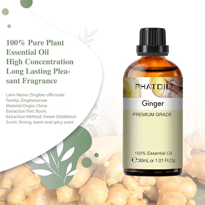 Ginger Essential Oil, 1.01Fl.Oz (30ML) PHATOIL Pure Essential Oil Singles for Aromatherapy Diffusers, Humidifiers, Great for DIY Candle and Soap Making, Gift for Friend PHATOIL