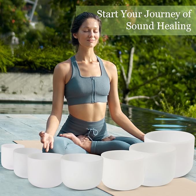 432HZ 6-12 Inch 7 Pcs White Frosted Crystal Singing Bowl Set for Meditation Healing Yoga Chakra Quartz Crystal Sound Bowls with Heavy Duty Carry Cases and Rubber Mallet,Suede Striker,O-rings - Bloomnest