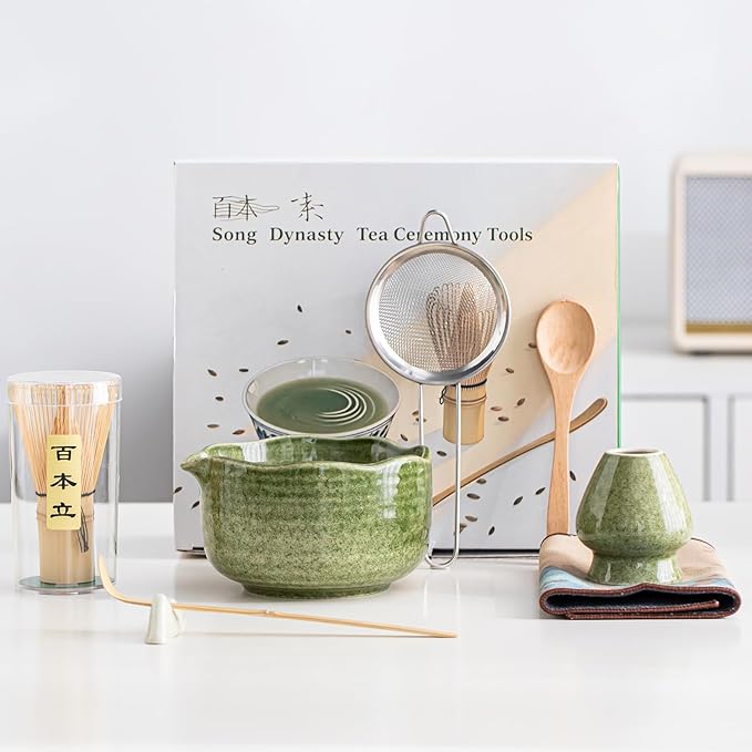 Matcha Set 7-Piece Tea Set with Brush, Bowl, Whisk, Strainer, Chasen, for Matcha Tea Ceremony (Matcha Green) - Bloomnest