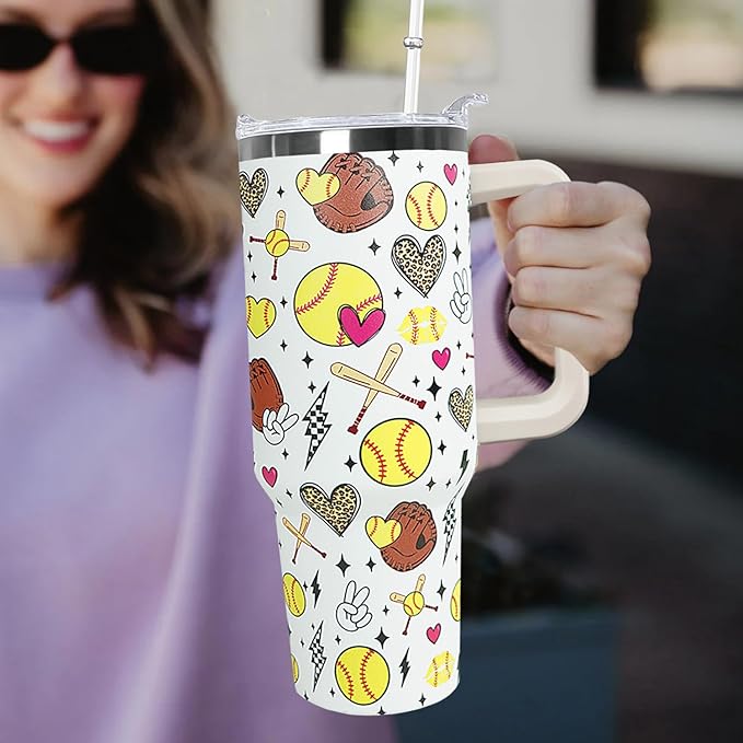 Ceovfoi 40 Oz Softball Tumbler With Handle,Softball Coffee Travel Mug Cup Water Bottle,Softball Decor,Softball Gifts for Women - Bloomnest