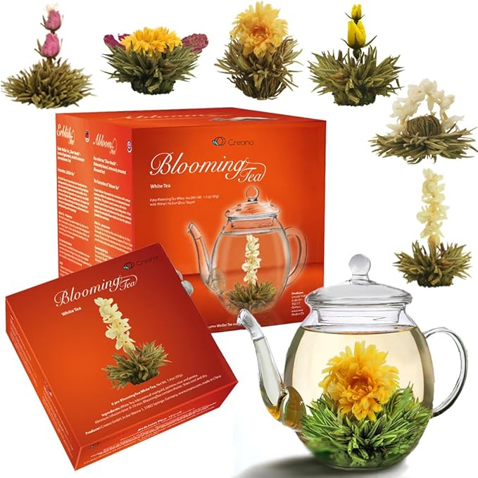 Creano Flowering Tea Gift Set - White Tea – 6 Blooming Tea with 17oz Glass Teapot - Bloomnest