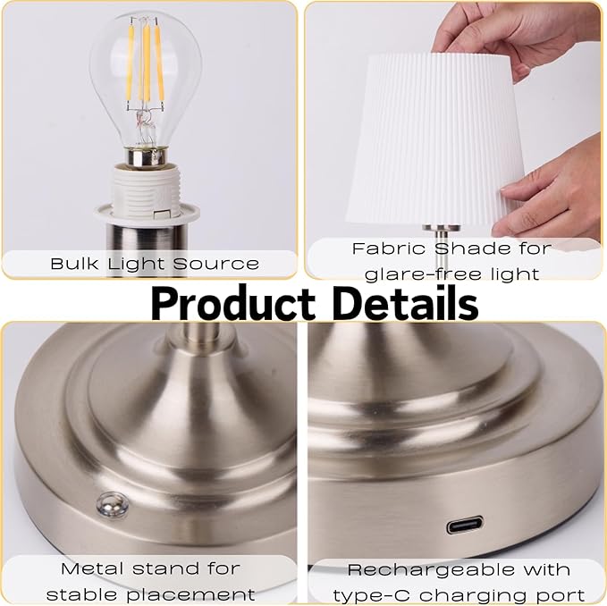 Rechargeable Table Lamp, Cordless Touch Lamps, Portable Desk Light with Stepless Dimmable Brightness & Fabric Shade for Nightstand Bedside Living Room (Silver, Twill) - Bloomnest