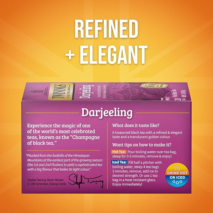 Twinings Darjeeling Black Tea Individually Wrapped Bags, 20 Count (Pack of 1), Delicate Light Taste, Caffeinated, Enjoy Hot or Iced, 20 Teabags - Bloomnest