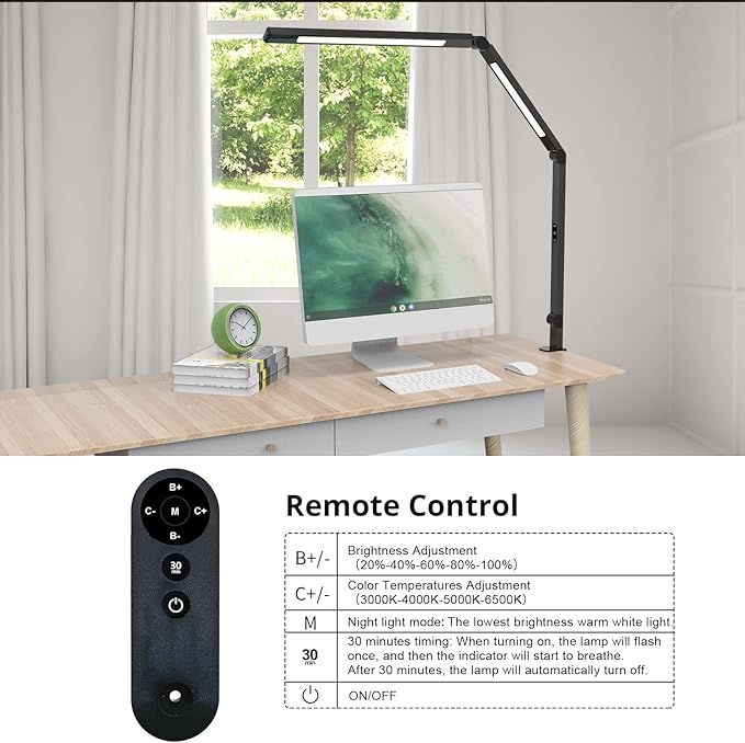 LED Desk Lamp with Clamp, Architect Desk Lamp for Home Office with Remote Control, Swing Arm Clamp on Computer Light, Clip-on Eye-Care Adjustable 5 Brightness Levels Table Light for Working Drafting - Bloomnest