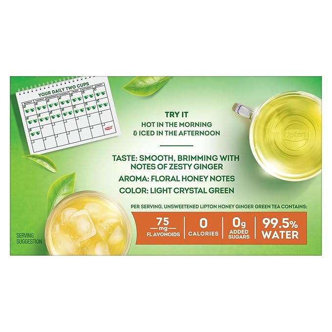 Lipton Honey Ginger Green Tea Bags 20-Count Flavored Unsweetened Hot or Iced Tea with Caffeine Flavonoids Natural Zesty Ginger Honey Aroma Rainforest Alliance Certified - Bloomnest