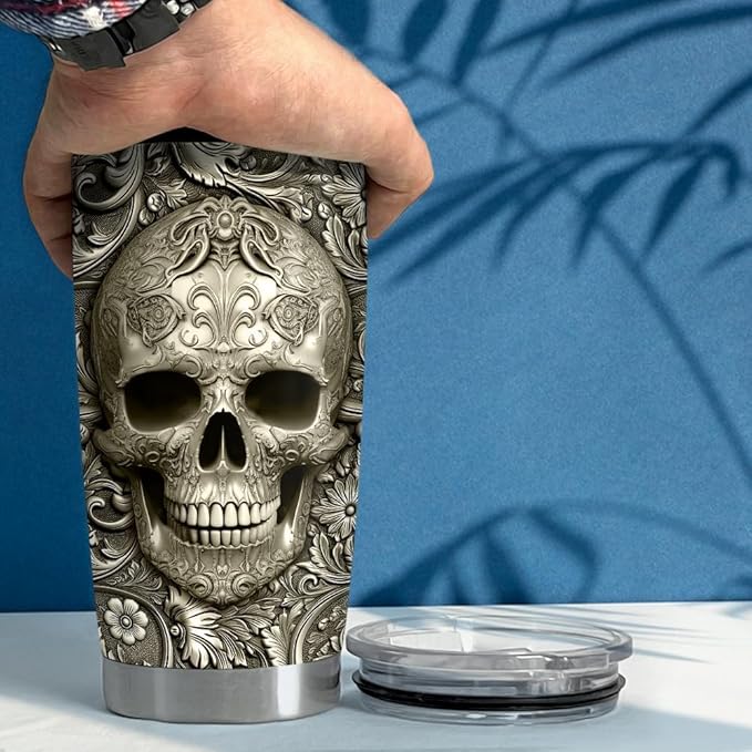 SANDJEST Personalized Skull Tumbler Stainless Steel Tumblers 20oz 30oz Coffee Travel Mug Cup Gift for Men Birthday - Bloomnest