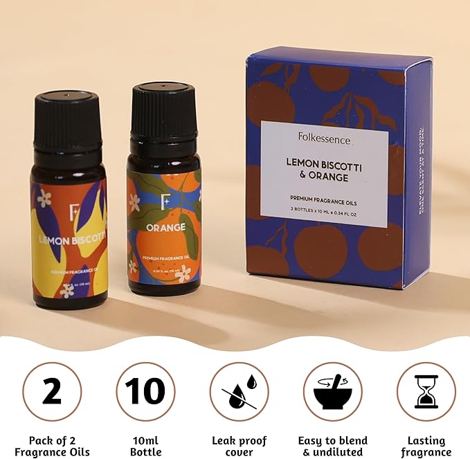 Folkulture Essential Oil for Diffuser Oil | Essential Oils Set of 2 Fragrances | Diffuser Scents for Home | Diffuser Essentials, Fragrance | Lemon Biscotti & Orange - Bloomnest