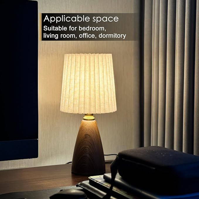 Small Pleated Table Lamp for Bedroom, Bedside Lamps for Nightstand, Dimmable Desk Lamp Ceramic Wood Grain Base Round Flaxen Fabric Shade for Living Room, Kids Room,LED Bulb Included(Art Deco) - Bloomnest