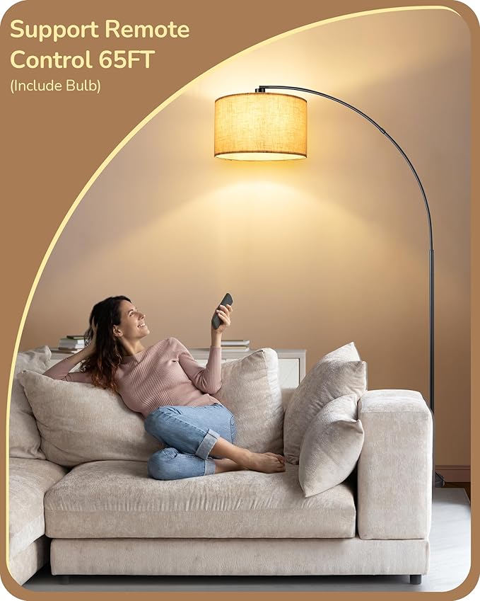 EDISHINE 78.3″ Modern Arc Floor Lamp with Remote, Tall Black Standing Lamp with Stepless Dimmable Bulb & 5 Color Temperature, Curved Mid Century Floor Lamps for Living Room, Bedroom, Nursey - Bloomnest