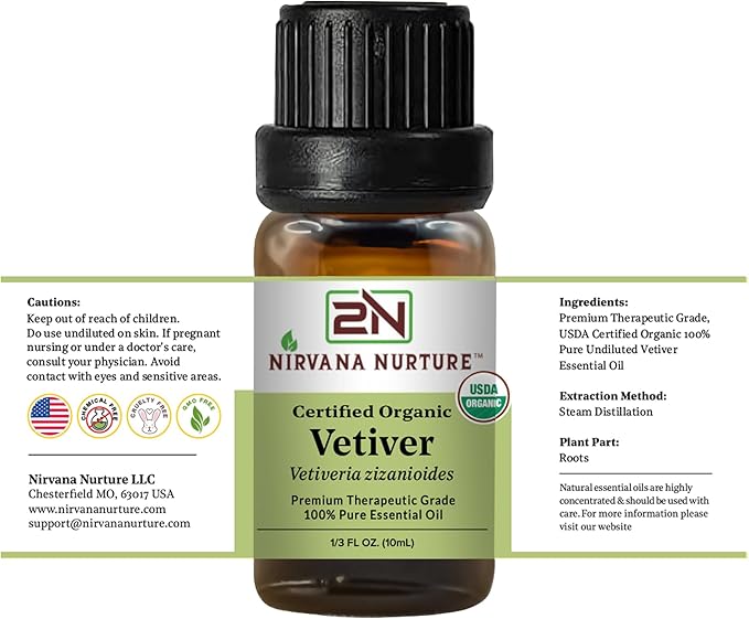 Vetiver Essential Oil, USDA Certified Organic, 100% Pure Undiluted, Aromatherapy Oil for Diffuser, Hair & Skin Care NirvanaNurture