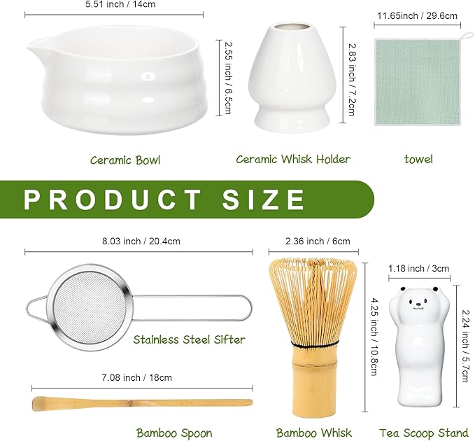 7 Pcs Matcha Whisk Set Macha Kit with Chawan Spout Bowl Bamboo Brush Chasen Holder Powder Starter Sifter Ceramic Japanese Making Matcha Tea Tool with Spoon and Tea Towel for Ceremony Gift (White) - Bloomnest