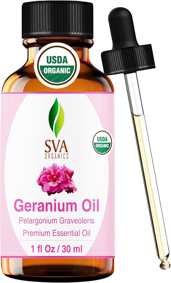 SVA Geranium Essential Oil Organic – 1 Fl Oz – 100% Natural Organic Geranium Oil - for Diffuser, Hair Care, Face, Skin Care, Aromatherapy, Scalp and Body Massage, Soap and Candle making – with Dropper - Bloomnest