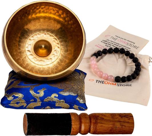 Handcrafted Lingam Meditation Sound Bowl and Lava Stone and Rose Quartz Mala Bracelet Bundle — Yoga, Healing, Intention Setting, and Mantra Recitation
