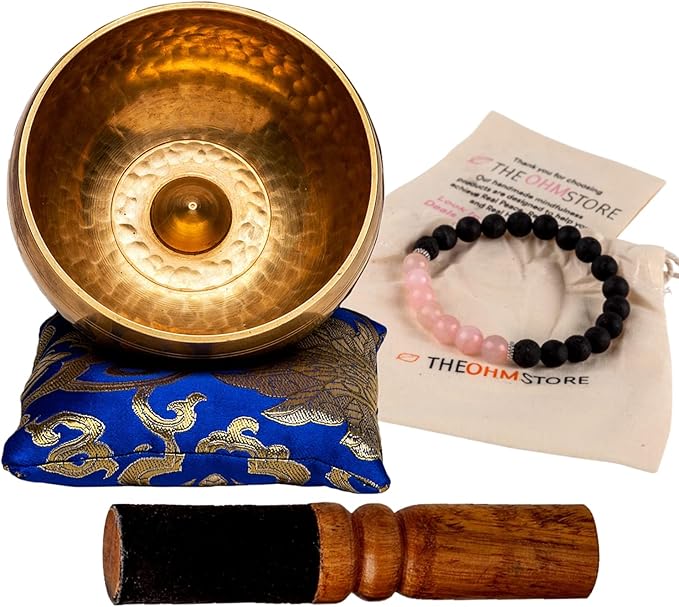 Handcrafted Lingam Meditation Sound Bowl and Lava Stone and Rose Quartz Mala Bracelet Bundle — Yoga, Healing, Intention Setting, and Mantra Recitation - Bloomnest