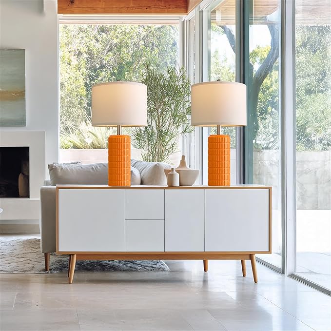 PoKat 23" Orange Table Lamps Decor for Living Room Set of 2, Modern Living Room Lamps for End Table, Ceramic Table Lamps for Bedroom, Contemporary Nightstand Lamps for Home Bedroom Decor - Bloomnest