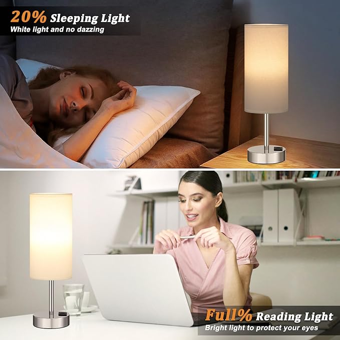 Bedside Table Lamps for Bedroom Set of 2 - Touch Lamp for Nightstand with USB-A+C Charging Ports - 3 Way Dimmable Small Desk Lamp White for Office, Dorm Room, Living Room, Reading, Nursery - Bloomnest