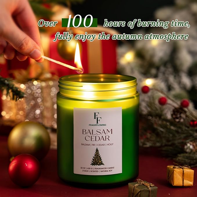 Large Christmas Candle Balsam Cedar Scented, 3-Wick 22oz Long Lasting Scented Candle, Natural Soy Wax Aromatherapy Candle for Home, Holiday Candle Gifts for Women Men - Bloomnest