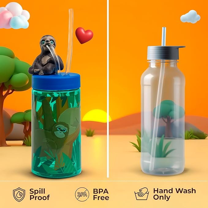Kids Water Bottle, Toddler Cups, Tumbler with Lid and Straw, Travel Sippy Cup for Water or Milk, Kids Cups with Lids for Toddlers 3 and Up, BPA Free Plastic, 12 oz (Trend Zoo Sloth) - Bloomnest