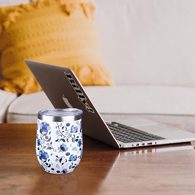 12 oz Insulated Wine Tumbler with Lid and Straw,Stainless Steel Stemless Wine Tumbler Glasses Double Wall Vacuum Wine Cups Tumbler Bulk for Coffee,Cocktail,Office (Blue and White Porcelain,4) - Bloomnest