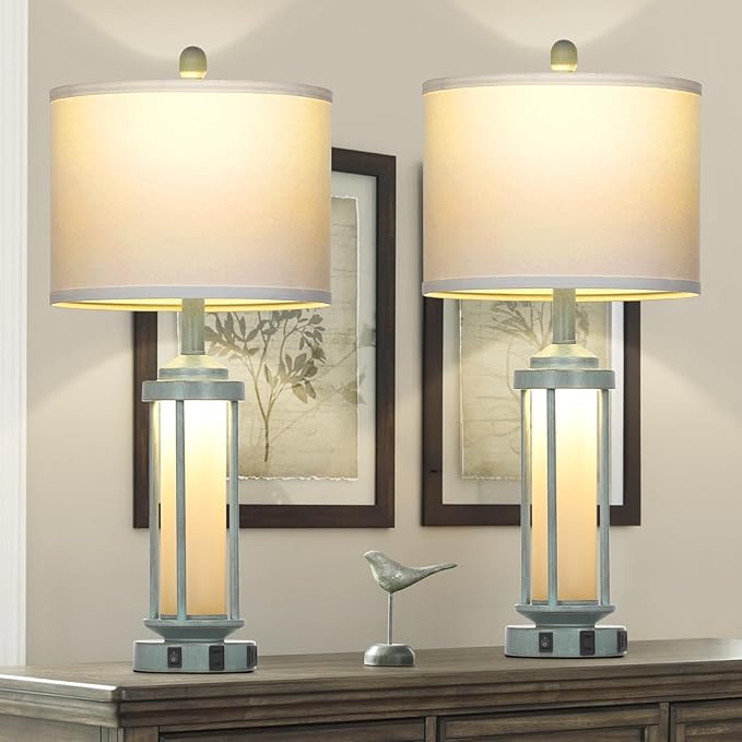 Farmhouse Table Lamps for Living Room, 27" Vintage Rustic Beside Lamp Set of 2 with USB A+C Charging Ports & AC Outlet, Retro Nightstand Lamp with Fabric Shade for Bedroom Entryway(4 Bulbs Included) - Bloomnest