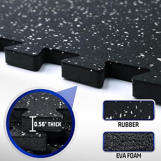 SUPERJARE 0.56'' Thick 6 Pcs 24 Sq Ft Rubber Top Exercise Equipment Mats, High Density EVA Foam Mats with Rubber Top, Interlocking Gym Flooring for Home Gym, Protective Workout Mat, Black/Grey - Bloomnest