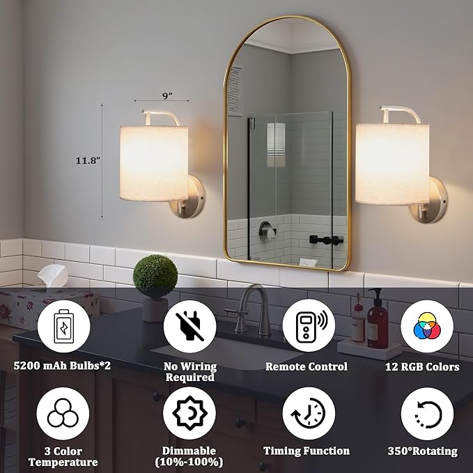 Rechargeable Battery Operated Wall Sconces Set of 2 Wireless Wall Lights with Remote Control 12 RGB Colors Magnetic Bulbs 5200mAh Battery Wireless Sconces for Bedroom Living Room (Silver) - Bloomnest