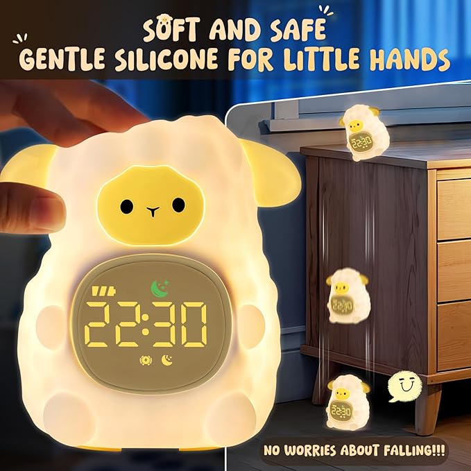 Sheep Alarm Clock with Night Light for Kids with Sleep Training and Sound Machine, Rechargeable Silicone Lamp OK to Wake Clock，Cute Animal Tabletop Lamp, Perfect Sleep Companion for Boys Girls - Bloomnest