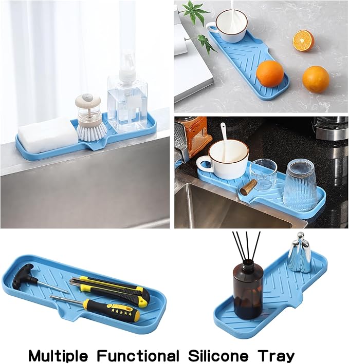 Silicone Bathroom Soap Dishes with Drain Spout-Bathroom and Kitchen Sink Organizer,Sponge Holder,Dish Soap Tray,Perfect for Dispenser,Scrubber,Bottle on Sink or Counter-Light Blue 12"×4" - Bloomnest