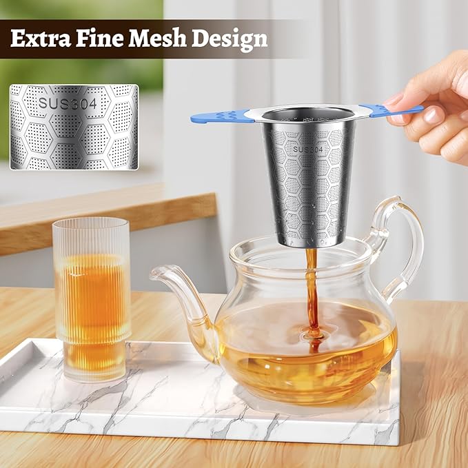 Tea Infuser for Loose Leaf Tea,18/8 Stainless Steel Tea Infuser with Heat Proof Silicone Handles,Extra Fine Mesh Tea Strainers Filter Fine Tea Leaves Effectively,Fits TeaPots/Mugs -Blue - Bloomnest