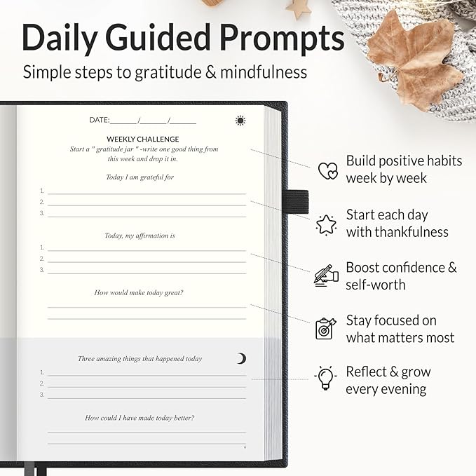 SUNEE Daily Gratitude Journal – 52 Weeks Simple 5 Minute Journal for Daily Reflection, Build Positivity and Mindfulness, Undated Minimalist Planner for Women & Men (Black)