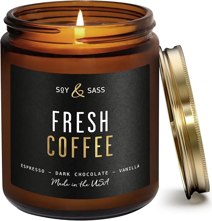 Fresh Coffee Candle - Black Candles for Men or Women - Dark Coffee Beans, Caramel & Vanilla Cream Soy Wax Scented Mens Candle - Infused w/Essential Oils | Long 50Hr Burn, 9oz I Non Toxic I Made in USA - Bloomnest